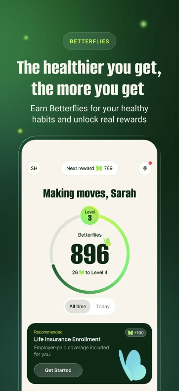 Betterfly App Store card: the healthier you get, the more you get — Betterflies and levels