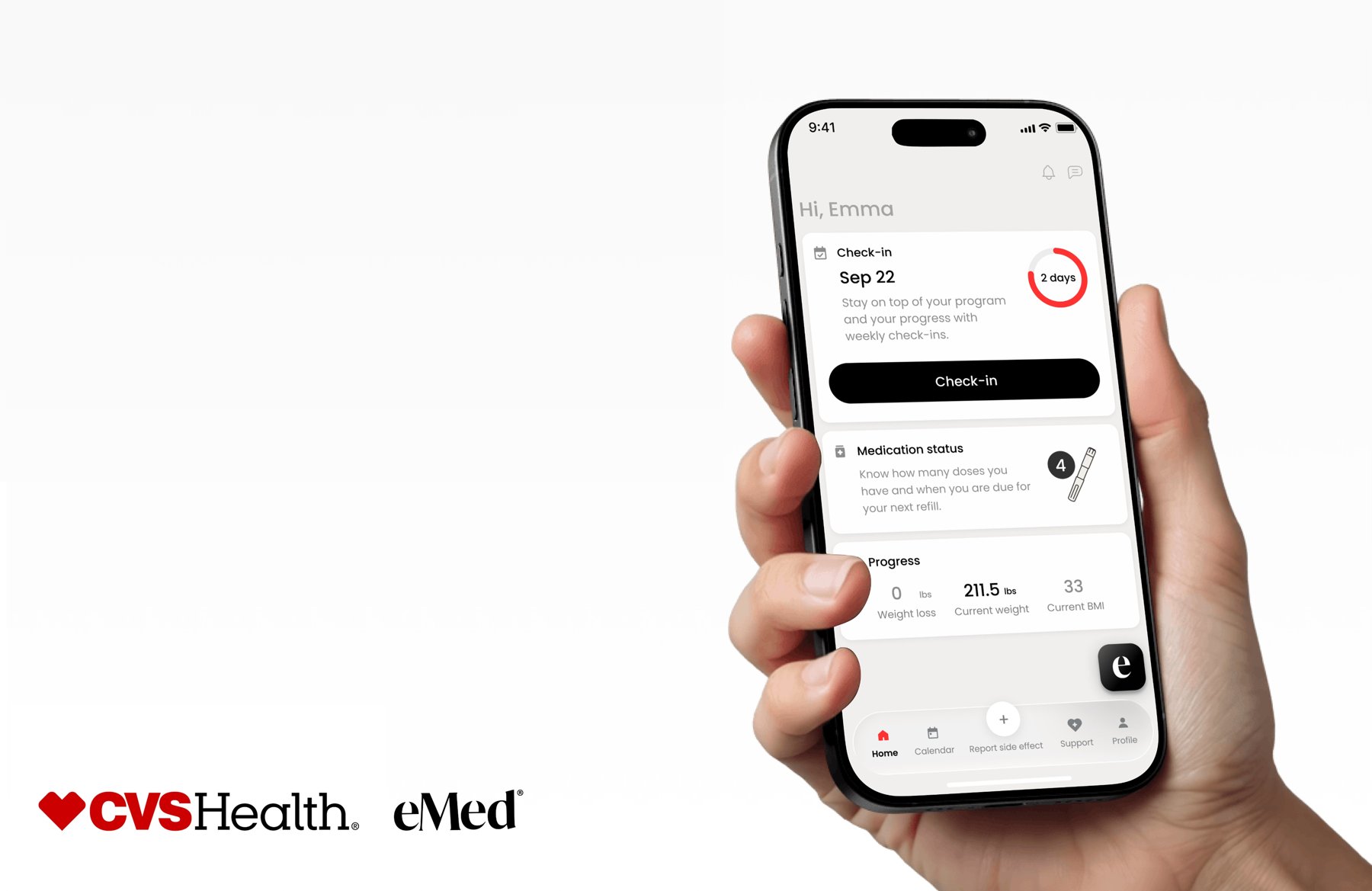 The eMed app in hand — check-in, medication status, and progress — co-branded CVS Health and eMed